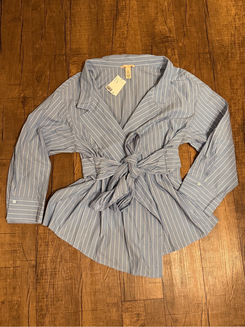H&M Light Blue Pinstripe Tie-Waist Button Down Shirt